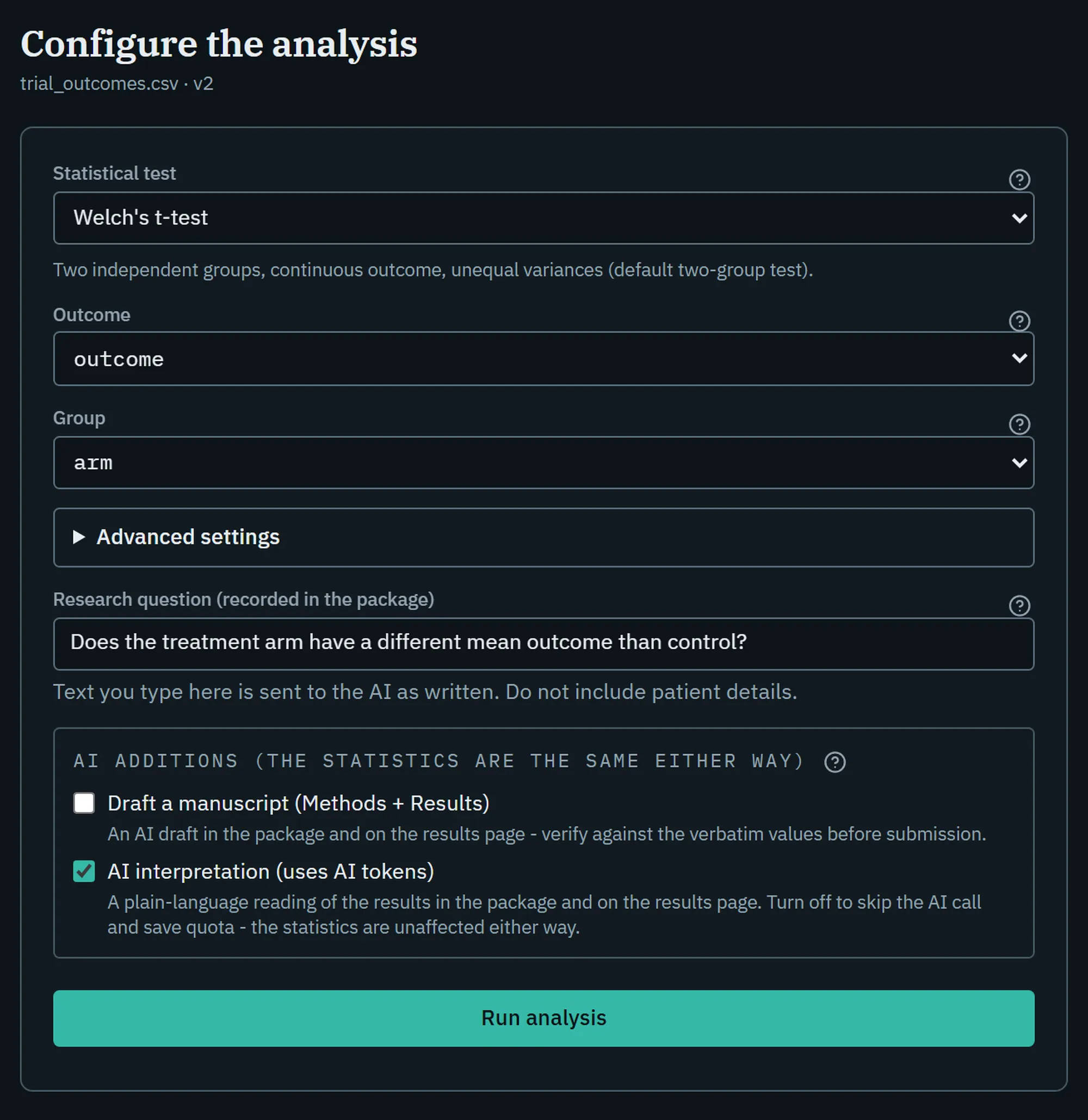 The configure page for a run: the test, outcome and group already chosen, the research question filled in, and a single Run analysis button.