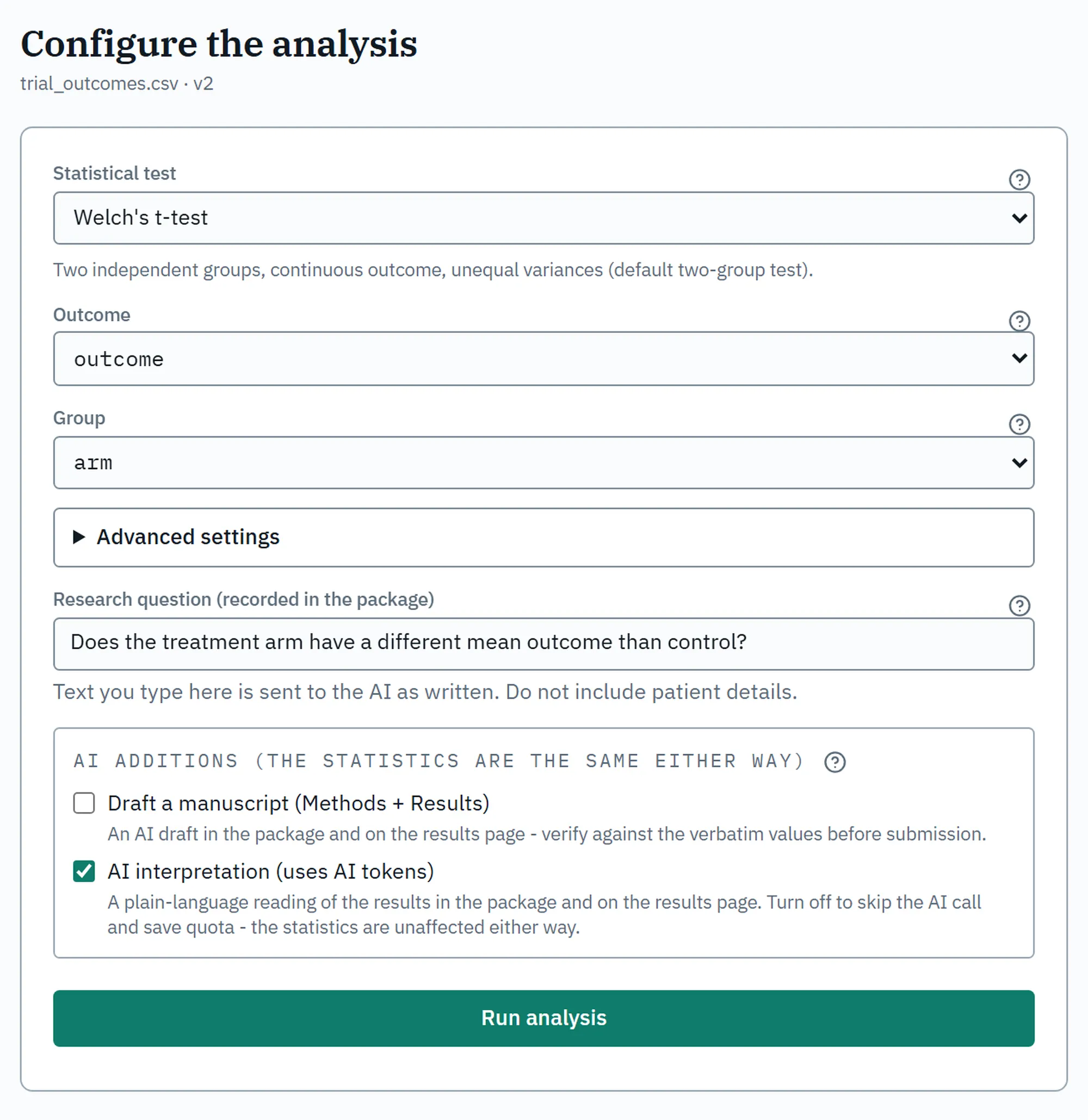 The configure page for a run: the test, outcome and group already chosen, the research question filled in, and a single Run analysis button.